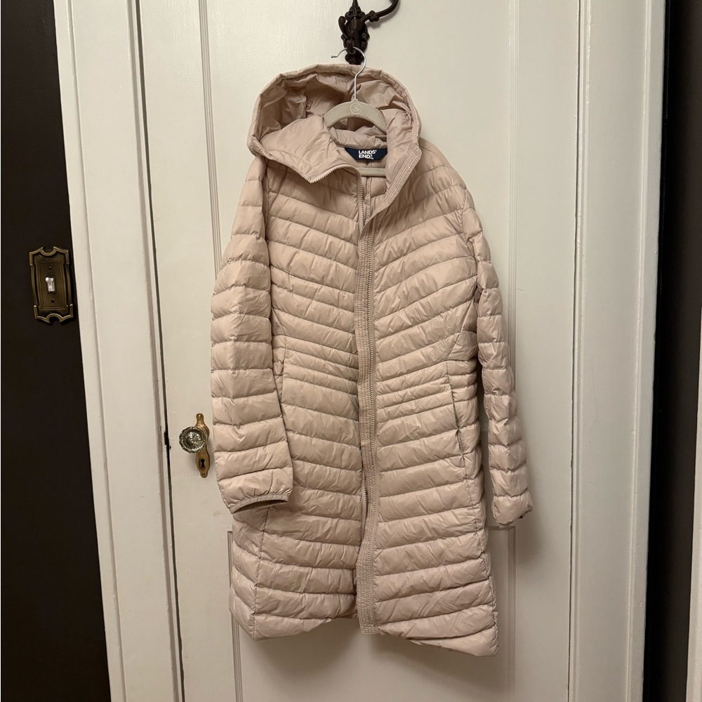Lands' End Women's Beige Hooded Puffer Jacket